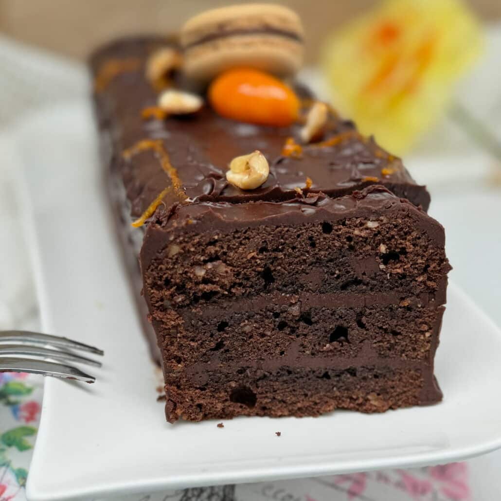 quick chocolate mocha fondant cakes with coffee glaze French layered chocolate cake, showing the moist inside layers