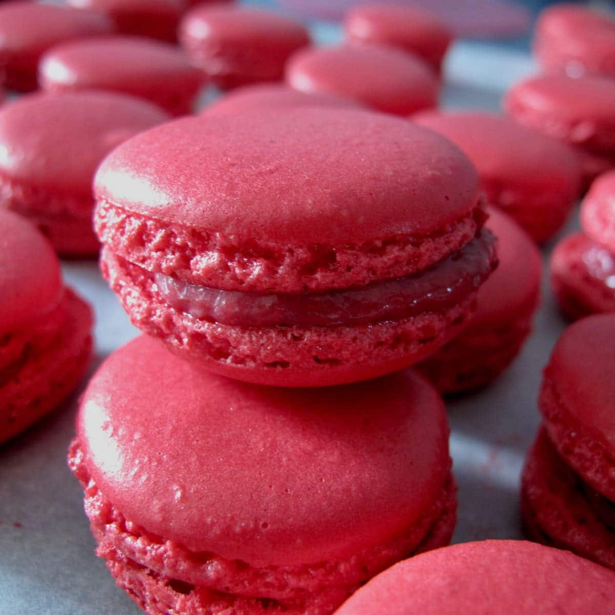 deep pink shiny macarons with raspberry filling