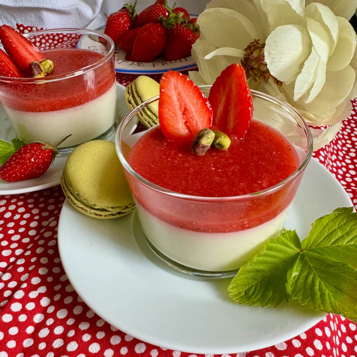 pistachio-macarons-panna-cotta-with strawberry-coulis glass dessert dish of creamy pistachio panna cotta topped with a strawberry coulis