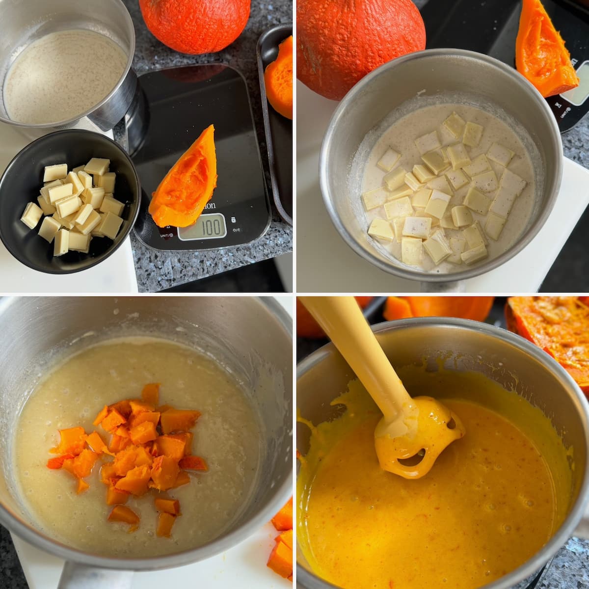 recipe steps how to make pumpkin ganache with white chocolate and roasted pumpkin