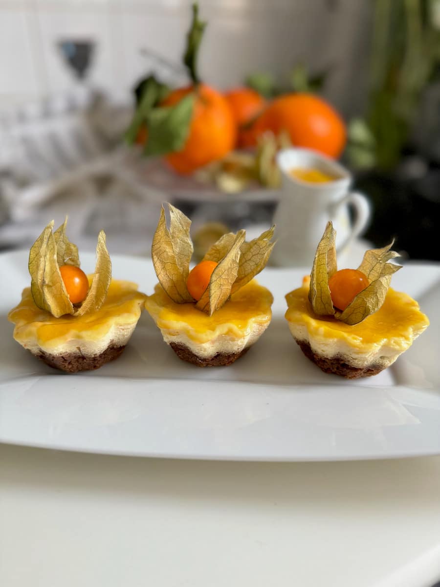 Teatime-in-Paris-with-cheesecake-macarons 3 mini cheesecakes with orange, cape gooseberries and a mango sauce