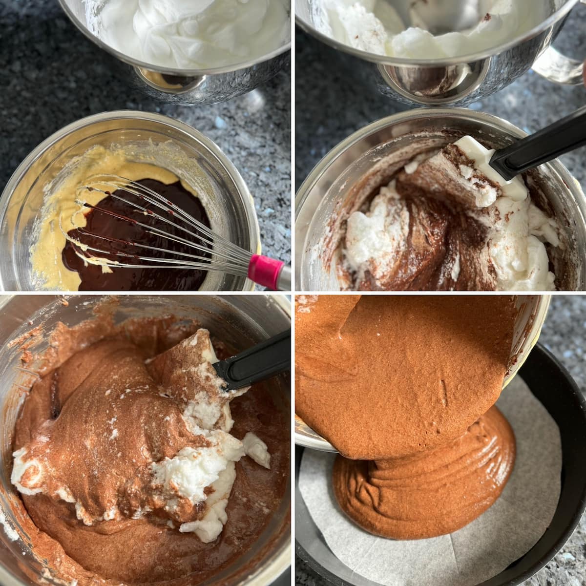 recipe steps of whisking together egg whites and adding to a mix of yolks, sugar, almond flour and melted chocolate to make a queen of sheba cake