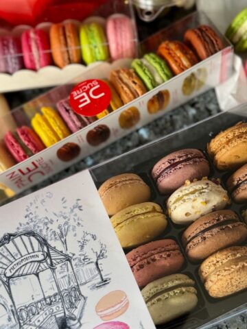 boxes of various different French macarons from Paris to taste for the ultimate guide