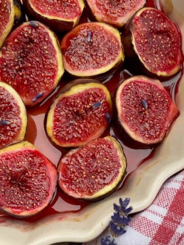 roasted fresh figs in a baking dish with honey and port