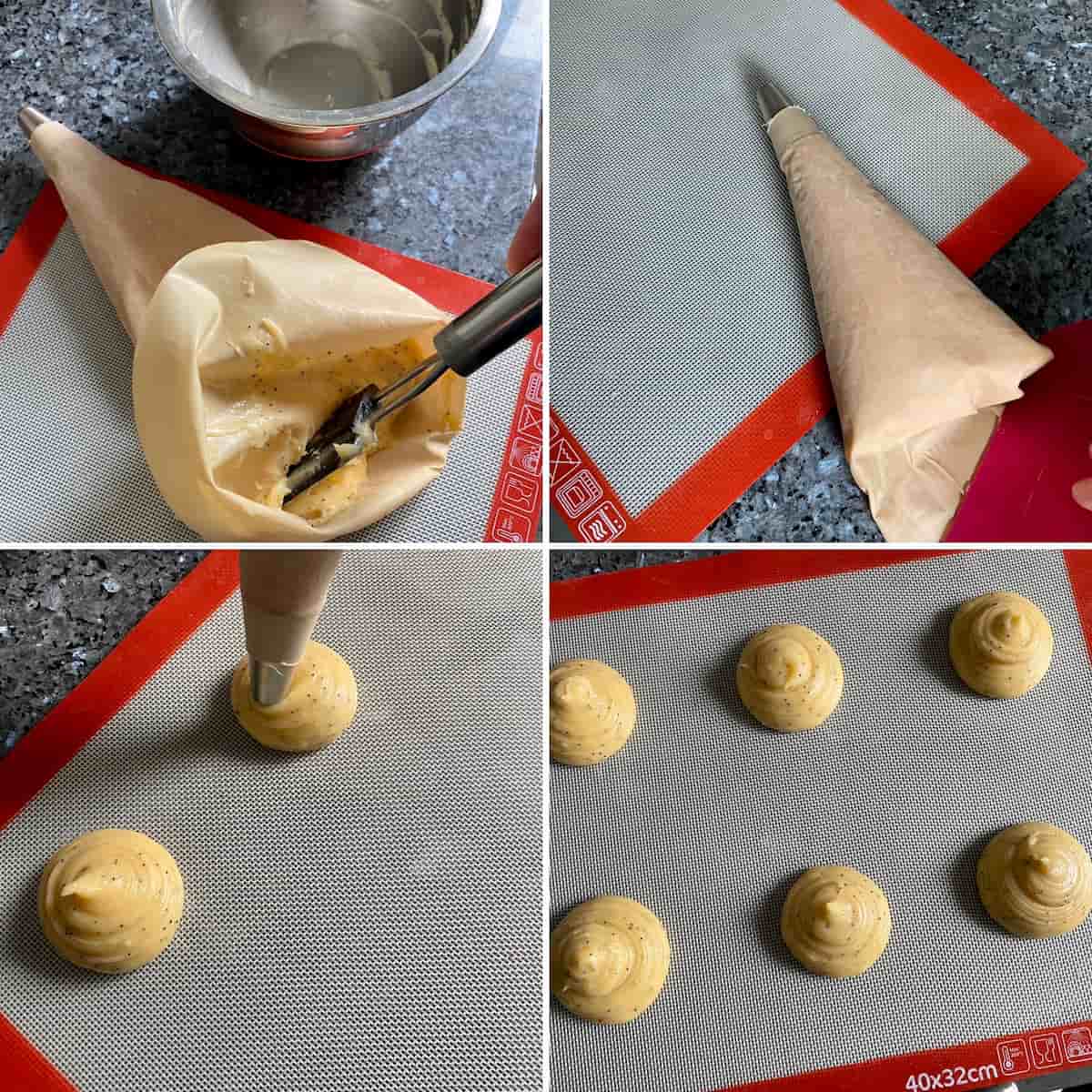 how to pipe out choux pastry into mounds for buns