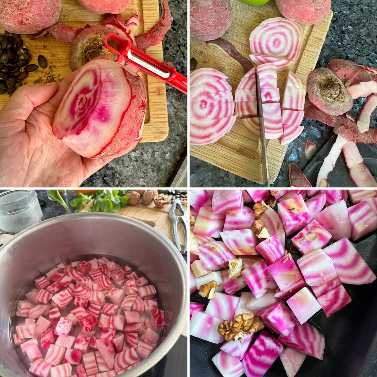 how to roast beetroot for salad - peel, chop, blanche then roast