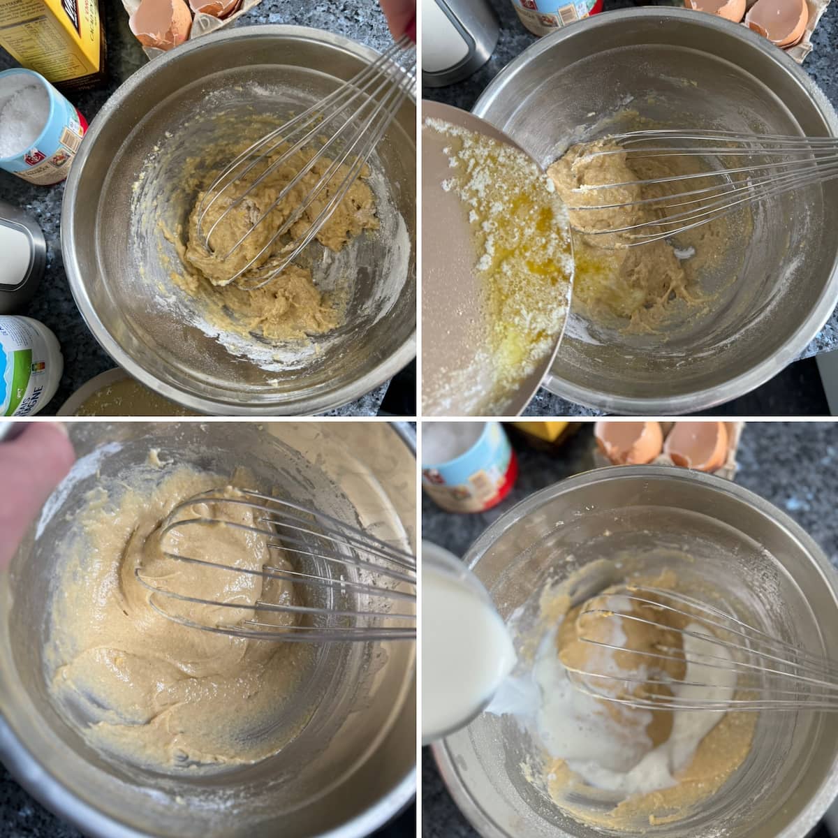 whisking flour and eggs together first, then butter than a little milk to avoid lumps in crepe batter