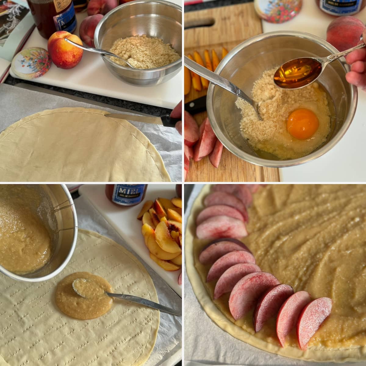 4 easy recipe steps with ready-rolled puff pastry and a 4-ingredient almond paste topped with peach and nectarine slices